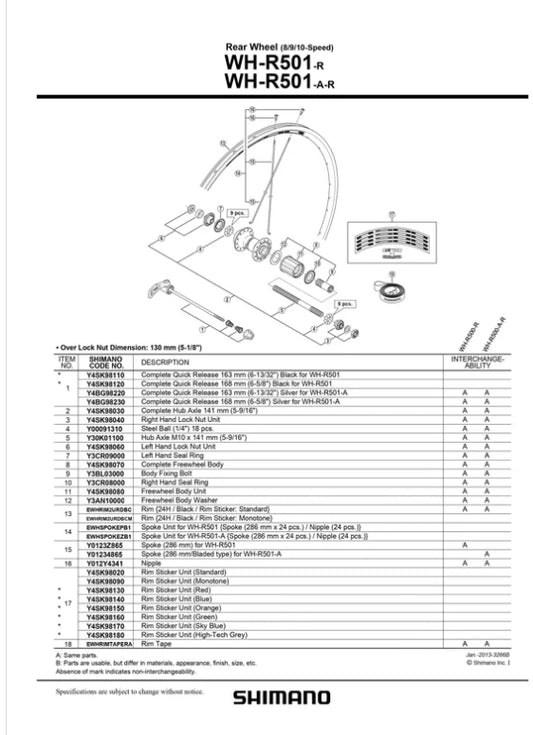 Shimano WH-R501 QUICK RELEASE Skewer COMPLETE 168mm BLACK