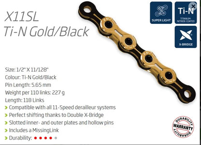 KMC CHAIN 1/2 x 11/128 x 118 links, 11 Speed, X-Superlight Chain, X11SL, X-SERIES, TI-GOLD/BLACK