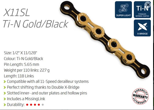 KMC CHAIN 1/2 x 11/128 x 118 links, 11 Speed, X-Superlight Chain, X11SL, X-SERIES, TI-GOLD/BLACK